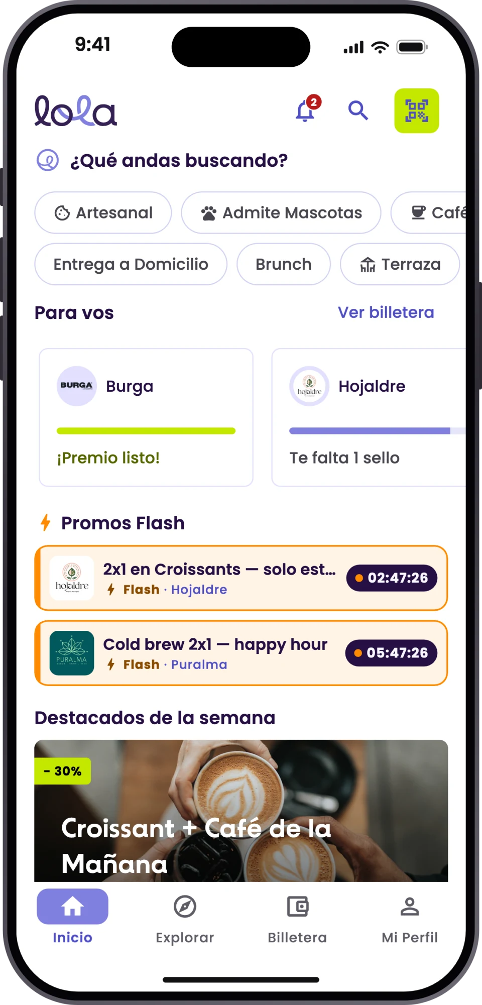Inicio de la app Lola con promos de negocios locales
